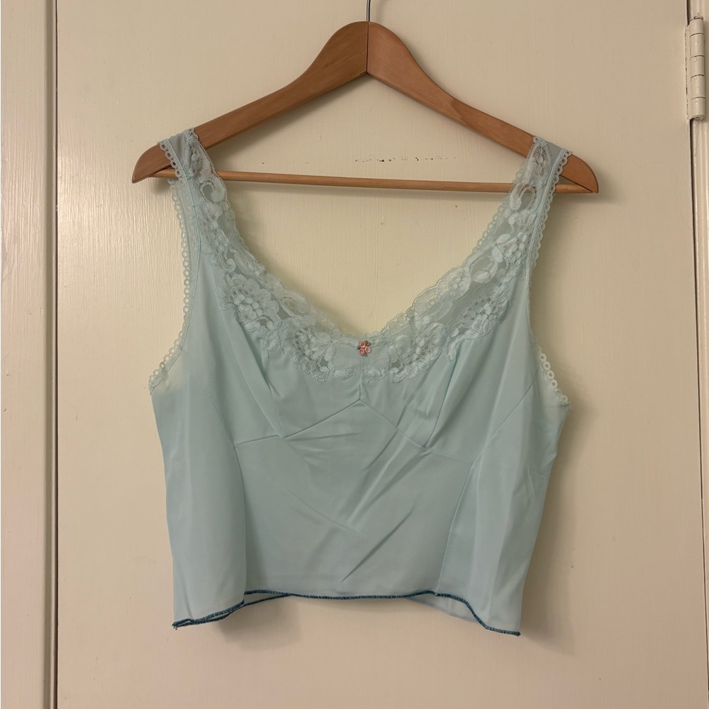 Light Blue Lace Trim Nylon Cami Top